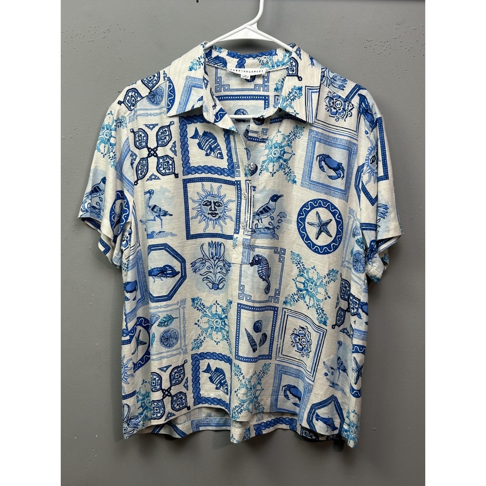 Jane + Delancey Shirt Womens Medium Blue White Nautical‎ Sea Life Rayon Linen
